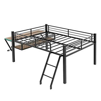 Pnronnc Full Size Metal Loft Bed with Desk & LED Lights, Storage Space, Guardrails, Inclined Ladder