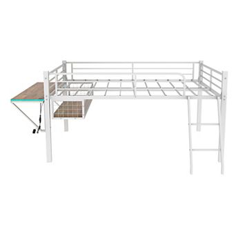 Pnronnc Full Size Metal Loft Bed with Desk & LED Lights, Storage Space, Guardrails, Inclined Ladder