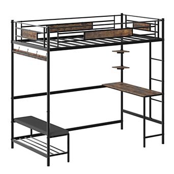 Pnronnc Twin Metal Loft Bed Frame with Guardrails, Desk, Charging Station, Coat Rack, Shoe Bench