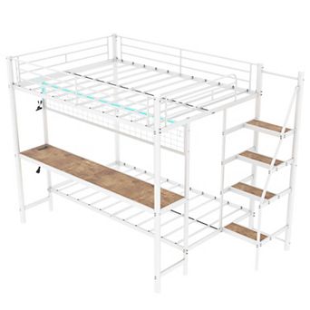 Pnronnc Full Over Twin Metal Bunk Bed Frame w/Desk LED Charging Station Inclined Ladder Guardrails