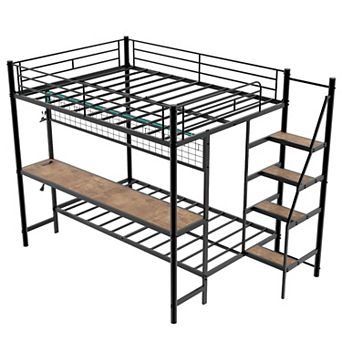 Pnronnc Full Over Twin Metal Bunk Bed Frame w/Desk LED Charging Station Inclined Ladder Guardrails