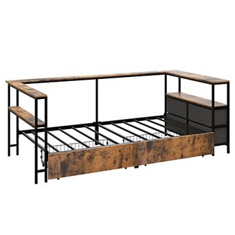 Pnronnc Twin Corner Bed Metal Daybed Bed Frame USB Ports & Night Light 4 Boxes Under Bed 2 Drawers