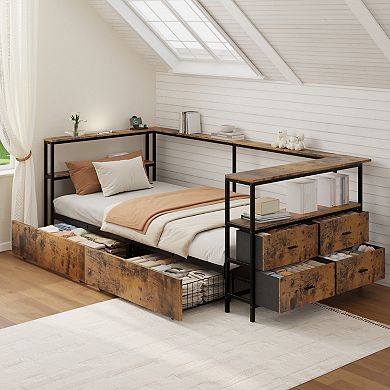 Pnronnc Twin Corner Bed Metal Daybed Bed Frame USB Ports & Night Light 4 Boxes Under Bed 2 Drawers