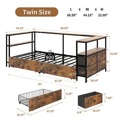 Pnronnc Twin Corner Bed Metal Daybed Bed Frame USB Ports & Night Light 4 Boxes Under Bed 2 Drawers