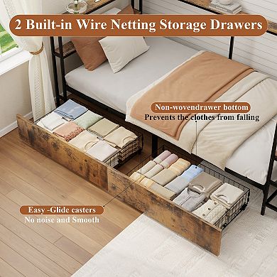 Pnronnc Twin Corner Bed Metal Daybed Bed Frame USB Ports & Night Light 4 Boxes Under Bed 2 Drawers