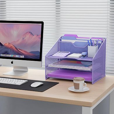 Desk Mesh File Organizer: 3 Paper Trays, 2 Vertical Sections Office Supplies Workspace