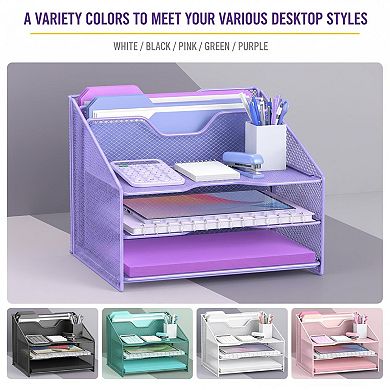 Desk Mesh File Organizer: 3 Paper Trays, 2 Vertical Sections Office Supplies Workspace