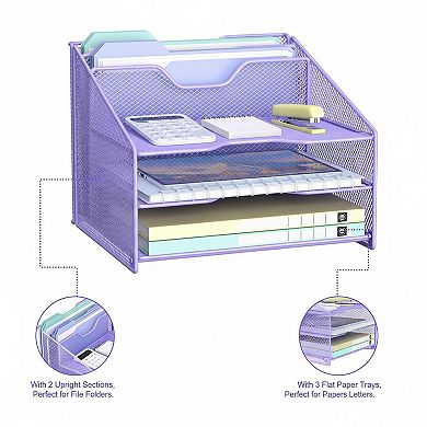 Desk Mesh File Organizer: 3 Paper Trays, 2 Vertical Sections Office Supplies Workspace