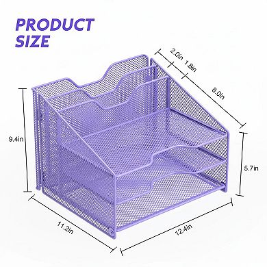 Desk Mesh File Organizer: 3 Paper Trays, 2 Vertical Sections Office Supplies Workspace