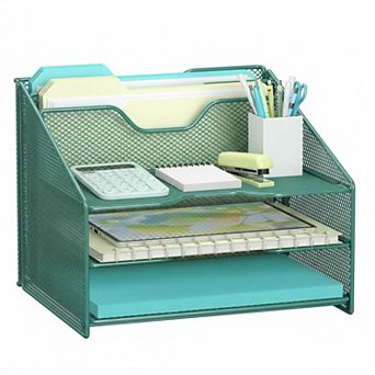 Desk Mesh File Organizer: 3 Paper Trays, 2 Vertical Sections Office Supplies Workspace