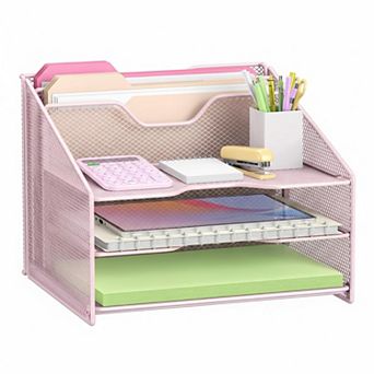 Desk Mesh File Organizer: 3 Paper Trays, 2 Vertical Sections Office Supplies Workspace