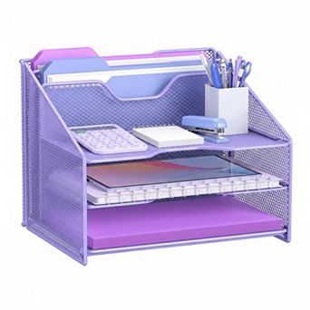 Desk Mesh File Organizer: 3 Paper Trays, 2 Vertical Sections Office Supplies Workspace