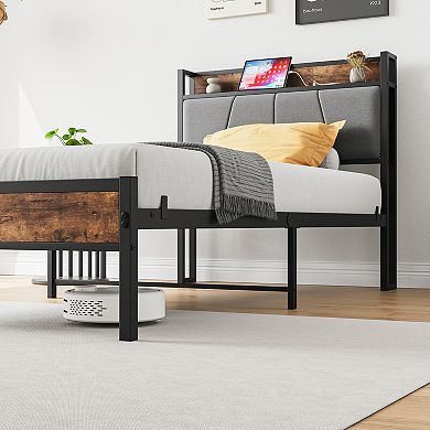 Pnronnc Metal Bed Frame Platform Bed with Charging Station & Upholstered Headboard Under Bed Storage