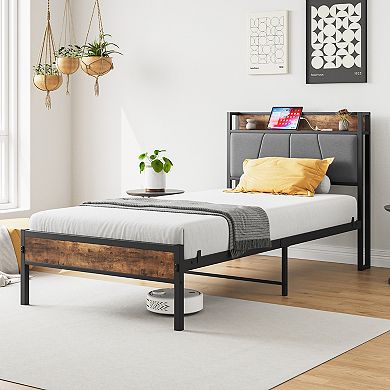 Pnronnc Metal Bed Frame Platform Bed with Charging Station & Upholstered Headboard Under Bed Storage