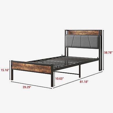 Pnronnc Metal Bed Frame Platform Bed with Charging Station & Upholstered Headboard Under Bed Storage