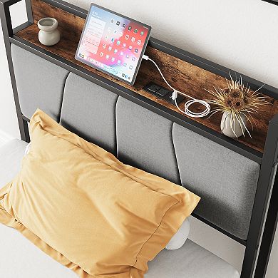 Pnronnc Metal Bed Frame Platform Bed with Charging Station & Upholstered Headboard Under Bed Storage