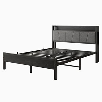 Pnronnc Metal Bed Frame Platform Bed with Charging Station & Upholstered Headboard Under Bed Storage