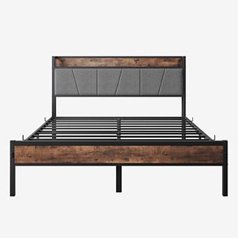 Pnronnc Metal Bed Frame Platform Bed with Charging Station & Upholstered Headboard Under Bed Storage