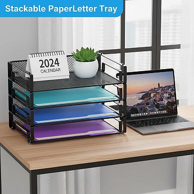 4 Pack Stackable Mesh Letter Paper Tray Desk File Organizer for Letter A4 Size