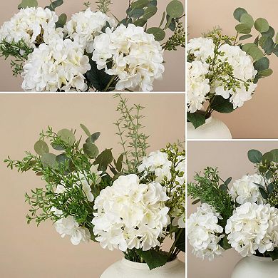 Real Touch White Faux Hydrangea Eucalyptus Arrangement Hyper Realistic Artificial Flower