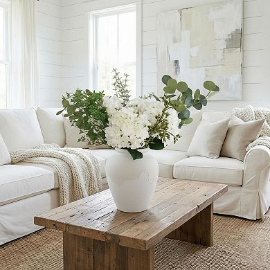 Real Touch White Faux Hydrangea Eucalyptus Arrangement Hyper Realistic Artificial Flower