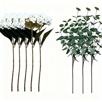 Real Touch White Faux Hydrangea Eucalyptus Arrangement Hyper Realistic Artificial Flower