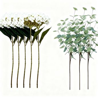 Real Touch White Faux Hydrangea Eucalyptus Arrangement Hyper Realistic Artificial Flower