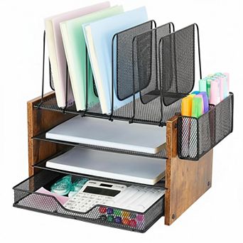 4 tier Desk Organizer with Drawer & 2 Pen Holders Office Supplies Sorter