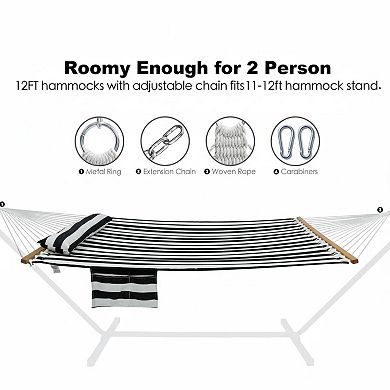 2 Person 12ft Double Quilted Hammock with Spreader Bar Pillow Pockets 475lbs Capacity