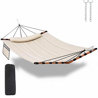 12ft 2 Person Hammock 450lb Capacity V Shaped Hardwood Spreader Bar Nylon Rope Outdoor Patio Garden