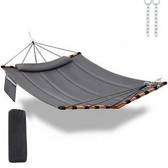 12ft 2 Person Hammock 450lb Capacity V Shaped Hardwood Spreader Bar Nylon Rope Outdoor Patio Garden