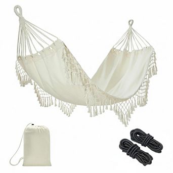Boho Macrame Hammock Hanging Ropes, Tassels Portable Cotton, 300lbs Capacity Outdoor Indoor
