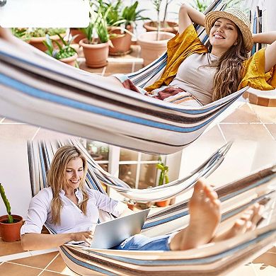 Boho Macrame Hammock Hanging Ropes, Tassels Portable Cotton, 300lbs Capacity Outdoor Indoor