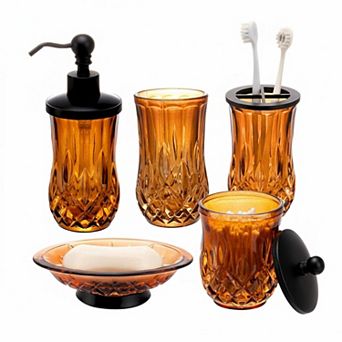 5 pc Glass Bathroom Set Lotion Dispenser Toothbrush Holder Cotton Jar Soap Dish Tumbler Modern