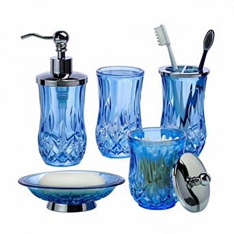 5 pc Glass Bathroom Set Lotion Dispenser Toothbrush Holder Cotton Jar Soap Dish Tumbler Modern
