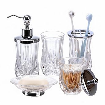 5 pc Glass Bathroom Set Lotion Dispenser Toothbrush Holder Cotton Jar Soap Dish Tumbler Modern