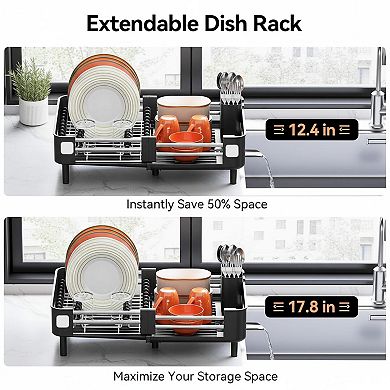 Stainless Steel Extendable Dish Drying Rack Foldable Space-Saving with Drainboard Utensil Holder
