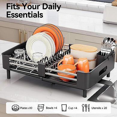 Stainless Steel Extendable Dish Drying Rack Foldable Space-Saving with Drainboard Utensil Holder