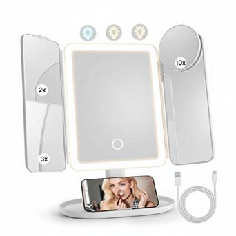 Lighted Trifold Vanity Mirror Height Adjustable, 1x 2x 3x 10x Magnification, 3-Color Dimmable