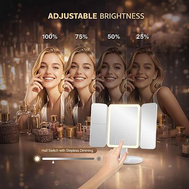 Lighted Trifold Vanity Mirror Height Adjustable, 1x 2x 3x 10x Magnification, 3-Color Dimmable