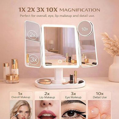 Lighted Trifold Vanity Mirror Height Adjustable, 1x 2x 3x 10x Magnification, 3-Color Dimmable