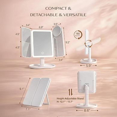 Lighted Trifold Vanity Mirror Height Adjustable, 1x 2x 3x 10x Magnification, 3-Color Dimmable