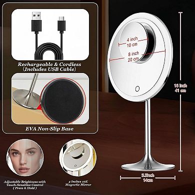9" Vanity Mirror 5x10x Magnification LED Lights Magnetic Rechargeable Touch Dimming 90° Adjustable