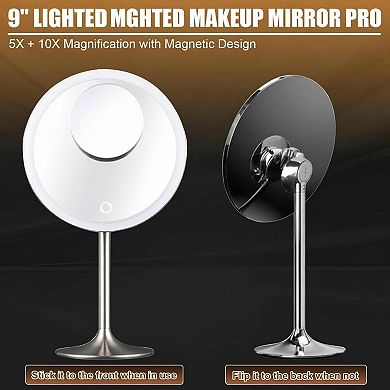 9" Vanity Mirror 5x10x Magnification LED Lights Magnetic Rechargeable Touch Dimming 90° Adjustable