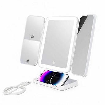 Tri-fold  Mirror with Lights 3 Color Modes 1x2x3x Magnification 360° Rotation Rechargeable