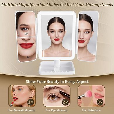 Tri-fold Mirror with Lights 3 Color Modes 1x2x3x Magnification 360° Rotation Rechargeable