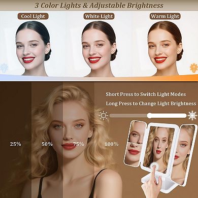 Tri-fold Mirror with Lights 3 Color Modes 1x2x3x Magnification 360° Rotation Rechargeable