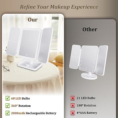 Tri-fold Mirror with Lights 3 Color Modes 1x2x3x Magnification 360° Rotation Rechargeable