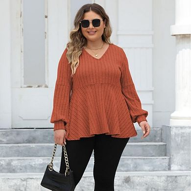 Women Plus V Neck Lantern Long Sleeve Shirts Oversized Casual Ribbed Tunics Knit Pullover Sweaters