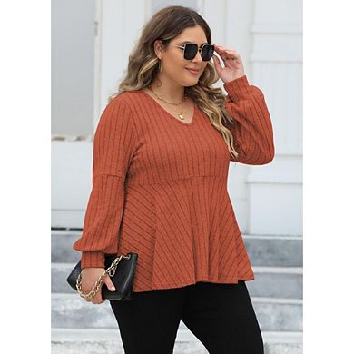 Women Plus V Neck Lantern Long Sleeve Shirts Oversized Casual Ribbed Tunics Knit Pullover Sweaters